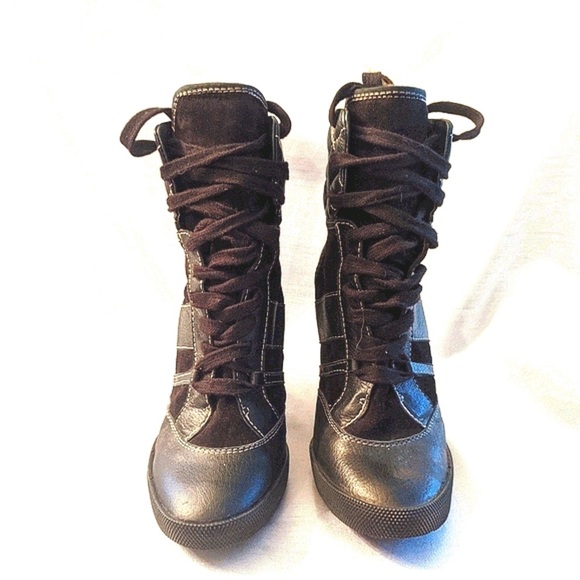 Chloe black and Quilted Leather Wedge Sneakers Booties Size 36.5 - Picture 4 of 8